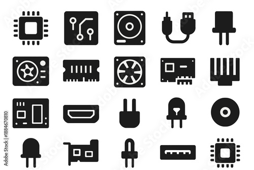 Computer Hardware Icons. Solid style icons of Computer Hardware: processor chip, circuit board, hard drive, data cable, power unit