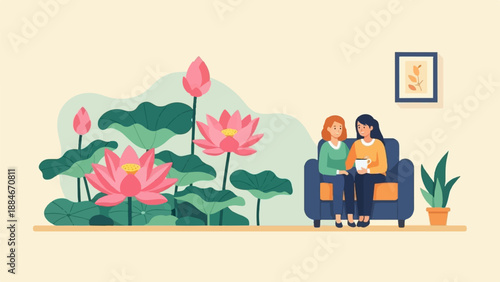 Two women relax on a couch near blooming lotus flowers
