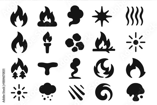 Fire Element Icons. Solid style icons of Fire Element: flame, ember, smoke, spark, heat wave, rising fire, torch, coal, glow,