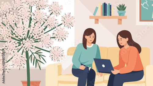 Two women on a couch with a laptop near a flowering plant
