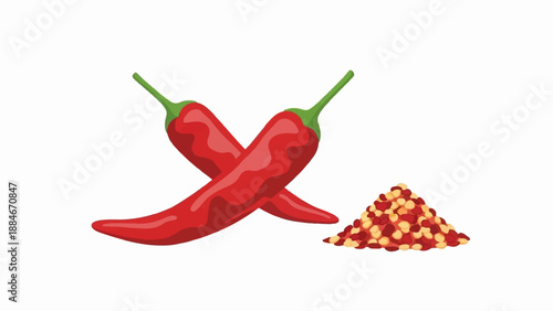 Two red chili peppers crossed with a pile of crushed chili flakes