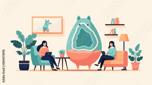 Two women sitting in comfortable chairs, each working on a laptop in a cozy room