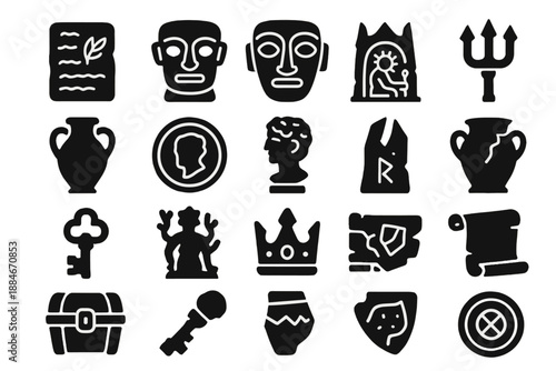 Lost Civilization Relics. Solid style icons of Lost Civilization Relics: engraved tablet, idol head, bronze mask, stone carving,