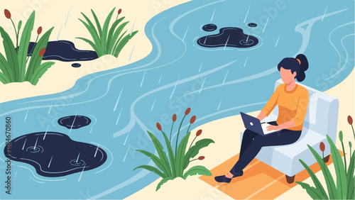 Woman on sofa with laptop, by flowing water, during rain