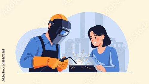 Welder in protective gear demonstrates welding to an attentive observer