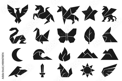 Mythical Paper Art Icons. Solid style icons of Abyssal Cityscape: submerged tower, coral dome, glowing window, broken bridge, sea