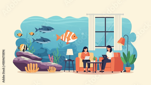 Two women working on laptops by a large aquarium in a living room