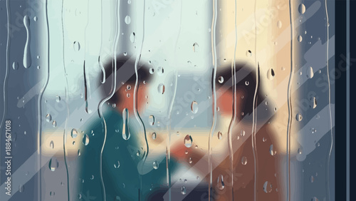 Blurred figures converse on a rainy day, viewed through water droplets