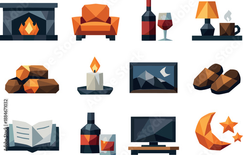 Fireplace Icon Collection. Professional low-poly vector icon collection representing a fireplace evening mood using crisp polygon