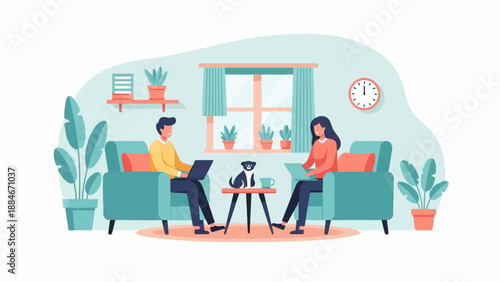 Two people work on laptops at home with a dog nearby