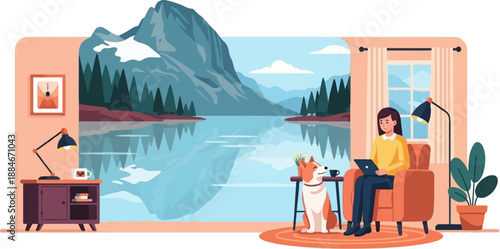 Woman working on laptop with dog by tranquil mountain lake view inside
