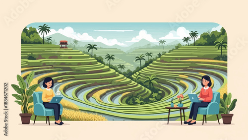 Two women work on laptops amidst lush, terraced rice fields and palm trees