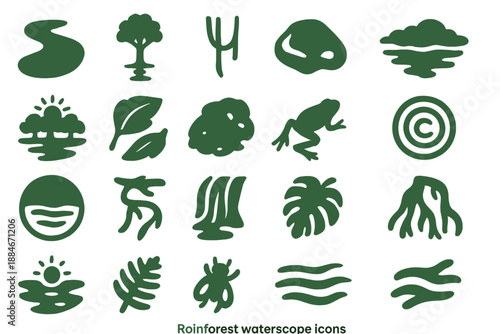 Rainforest Waterscape Icons. Solid style icons of Rainforest Waterscape: river bend, tree reflection, hanging vine, wet stone,