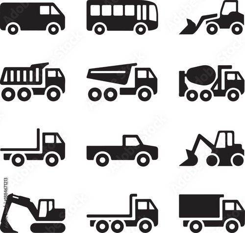 blackandwhite icons of various construction and transportation vehicles