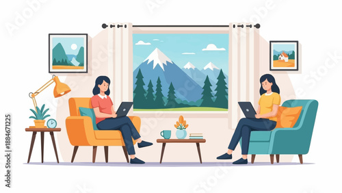 Two women relaxing on sofas, working on laptops, with mountain view
