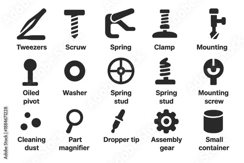 Micro Mechanism Icons. Solid style icons of Micro Mechanism Assembly: tweezers grip, screw pin, spring clamp, jewel plate,