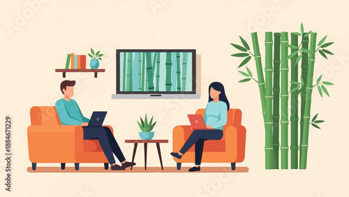 Two people work on laptops in a living room with a bamboo theme