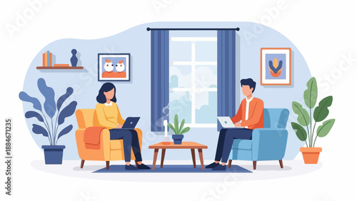 Two people working remotely on laptops in a cozy living room setting