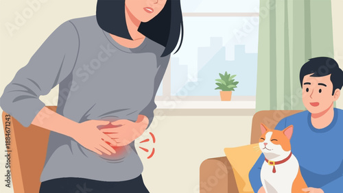 Woman clutches stomach in pain while man and cat relax nearby