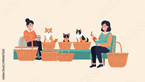 Two women with dogs in baskets enjoying drinks