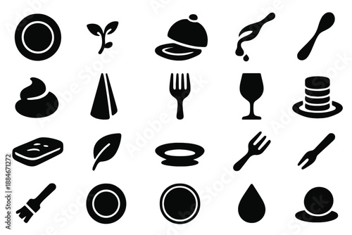 Fine Dining Icons. Solid style icons of Fine Dining Presentation: porcelain plate, micro herb, glass dome, liquid drizzle, elegant