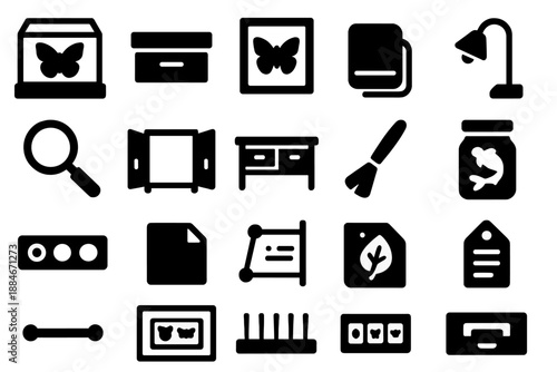 Specimen Display Icons. Solid style icons of Specimen Display Room: glass case, wooden drawer, framed mount, label card, display