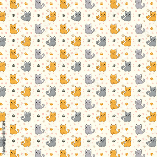 Playful Chibi Cat Characters with Polka Dot Background