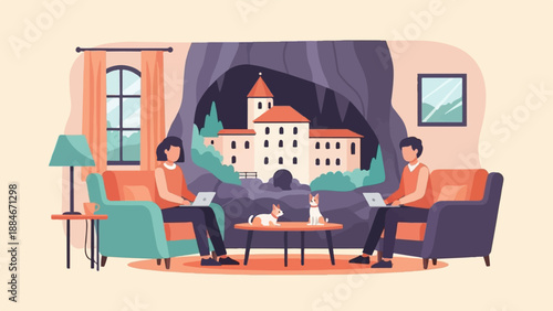 Two people work on laptops in a cozy living room with dogs