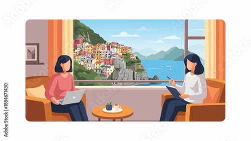 Two women on a balcony working with a picturesque coastal town backdrop