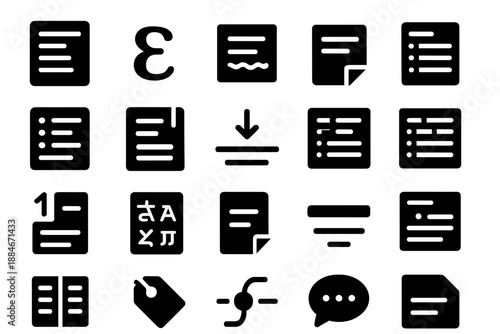 Linguistic Documentation Icons. Solid style icons of Linguistic Study Tools: magnifying glass, ink pot, quill pen, ruler edge,