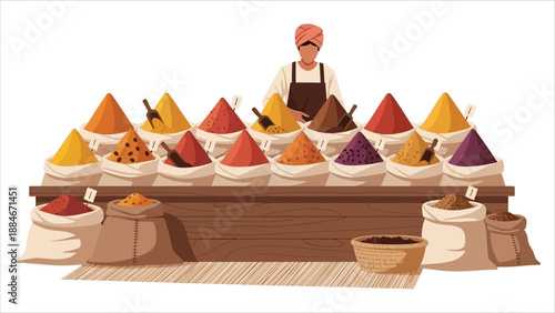 Middle Eastern spices and herbs street shop with woman seller putting spices in a bag flat vector illustration isolated on white