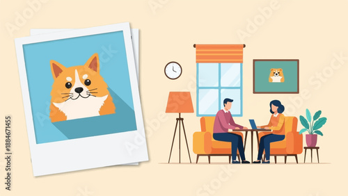 Two people work on laptops in a living room with a dog portrait