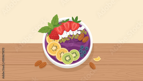 Wholesome berry bowl topped with fruit and nuts on a wooden table