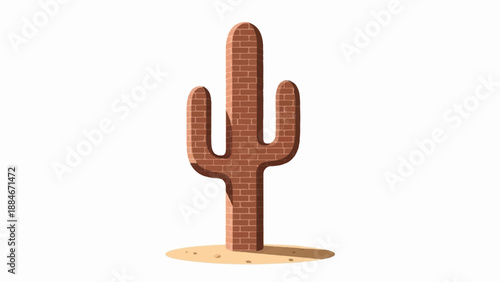 Cartoon brick cactus stands in sandy soil with shadow