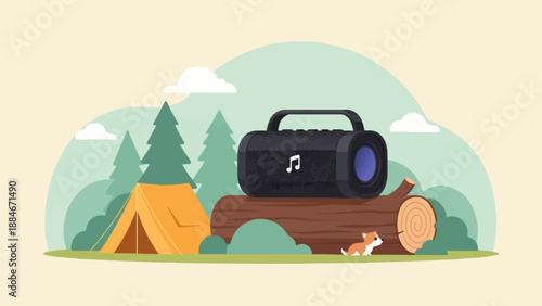 Cartoon campsite scene with a tent, speaker, dog, and forest