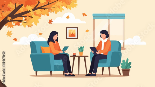 Two women interact while sitting in armchairs under a tree in autumn