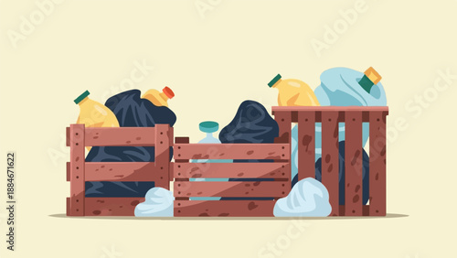 Two wooden crates overflowing with trash bags and plastic bottles