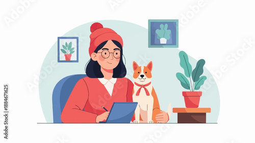 Cartoon style illustration of a woman and dog working together in a cozy room