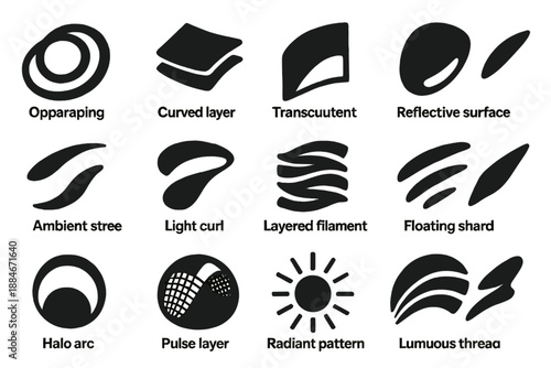 Abstract Layered Icons. Solid style icons of Abstract Layered Composition: overlapping spiral, curved layer, translucent fragment,