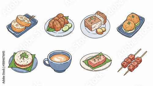 Cartoon style illustration of various food items arranged on plates and skewers