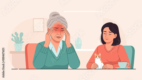 Two women, one with a headache, sit with a cat and a drink