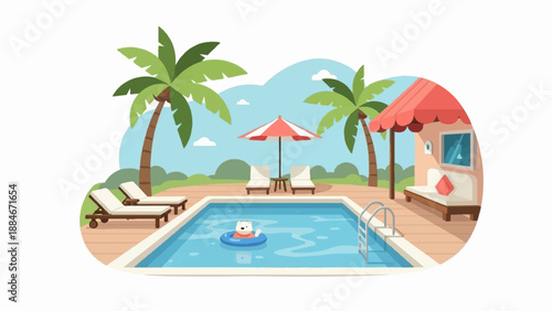 Cartoon swimming pool scene with palm trees and a bear on an inflatable ring