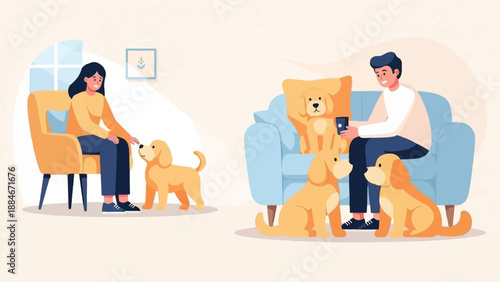 Woman and man with dogs in cozy home interior