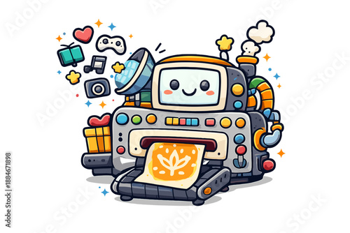 Magical Gift Generator. Doodle-style vector icon of a unique gift generator device, friendly machine scanning floating interest
