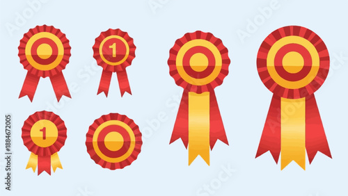Collection of red and yellow award ribbons, some with number one