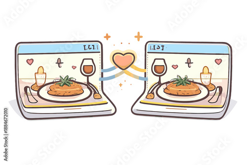 Virtual Romantic Dinner. Doodle-style vector icon of synchronized romantic dinner, mirrored plates in digital windows connected by