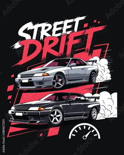 Street Drift Racing Car Streetwear Graphic for Automotive T-shirt Design
