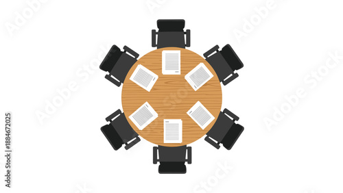 Top-down view of a round conference table with six chairs and documents neatly arranged at each seat, ready for an important meeting.
