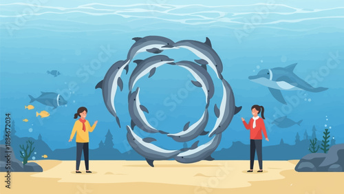 Underwater scene with children watching dolphins and fish