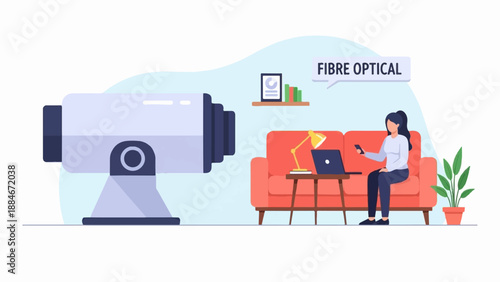 Woman on couch with phone near laptop and large scientific device